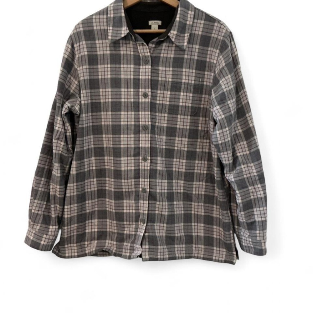 L.L.Bean Fleece Lined Flannel Shirt‎ Mens Large Gray Plaid Excellent